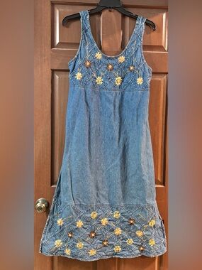 Vtg 90s Agapo Embroidered Denim Maxi Dress & Cropped Jacket Set M Cottagecore